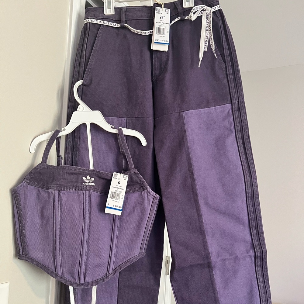 Women Purple adidas originals Ksenia jeans size 26 and corset size 6 set. NWT
